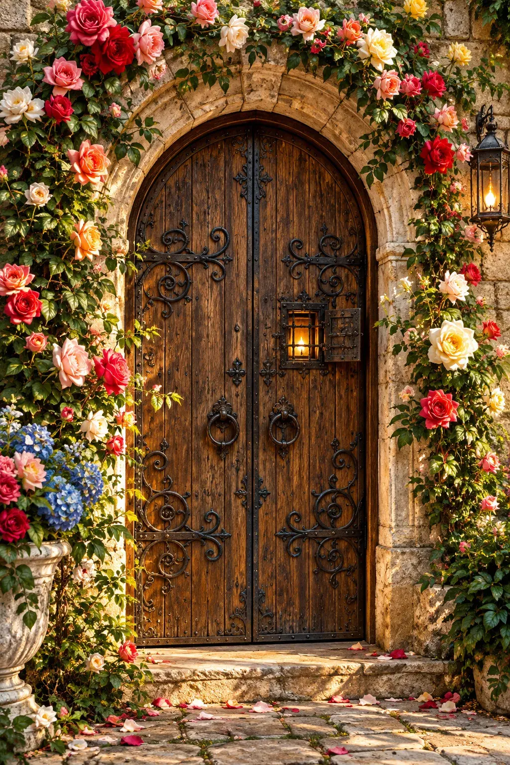 An arched wooden door with iron scrollwork, surrounded by climbing roses and a lit lantern — the entrance to One Heart Faith.